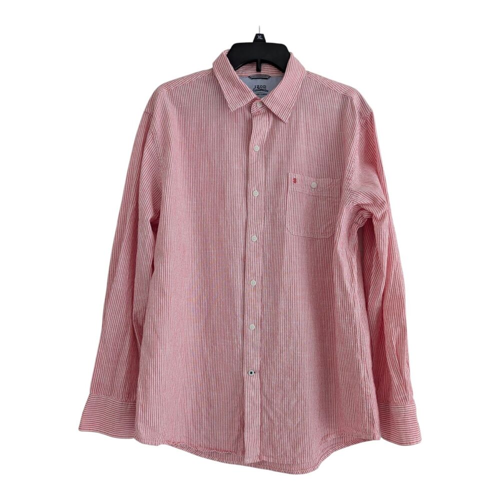 IZOD Saltwater Casual Button Up Shirt Mens Large Pink Stripe Long Sleeve Preppy